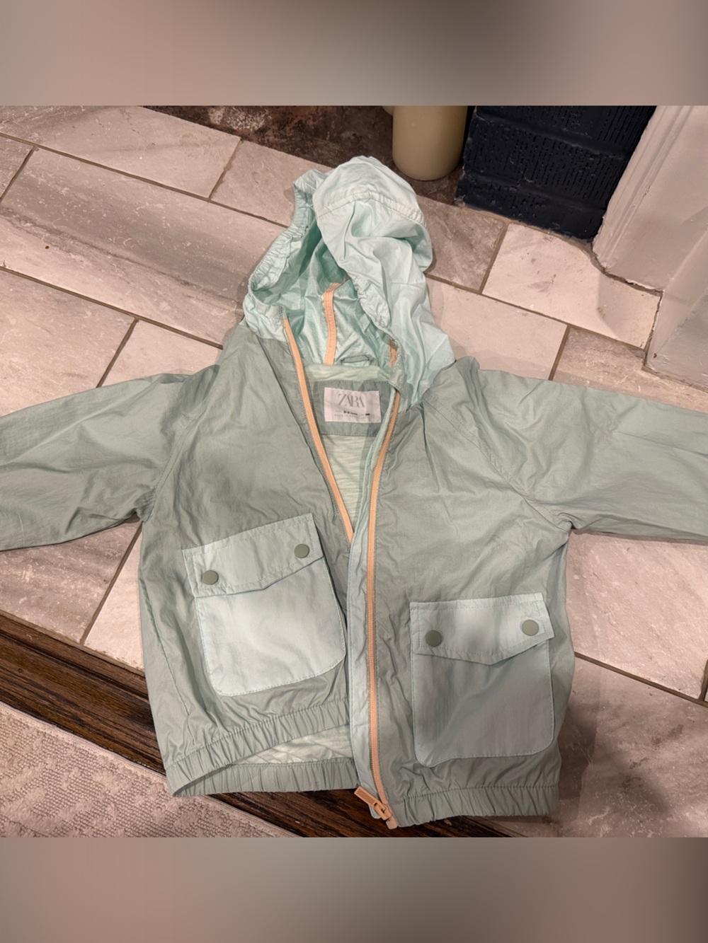 Zara Mint Green Hooded Kids Raincoat with Peach Zipper